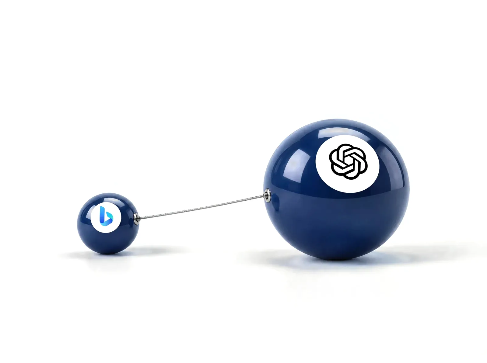 A small sphere marked with the Bing logo tethered by a steel cable to a larger sphere marked with the ChatGPT logo