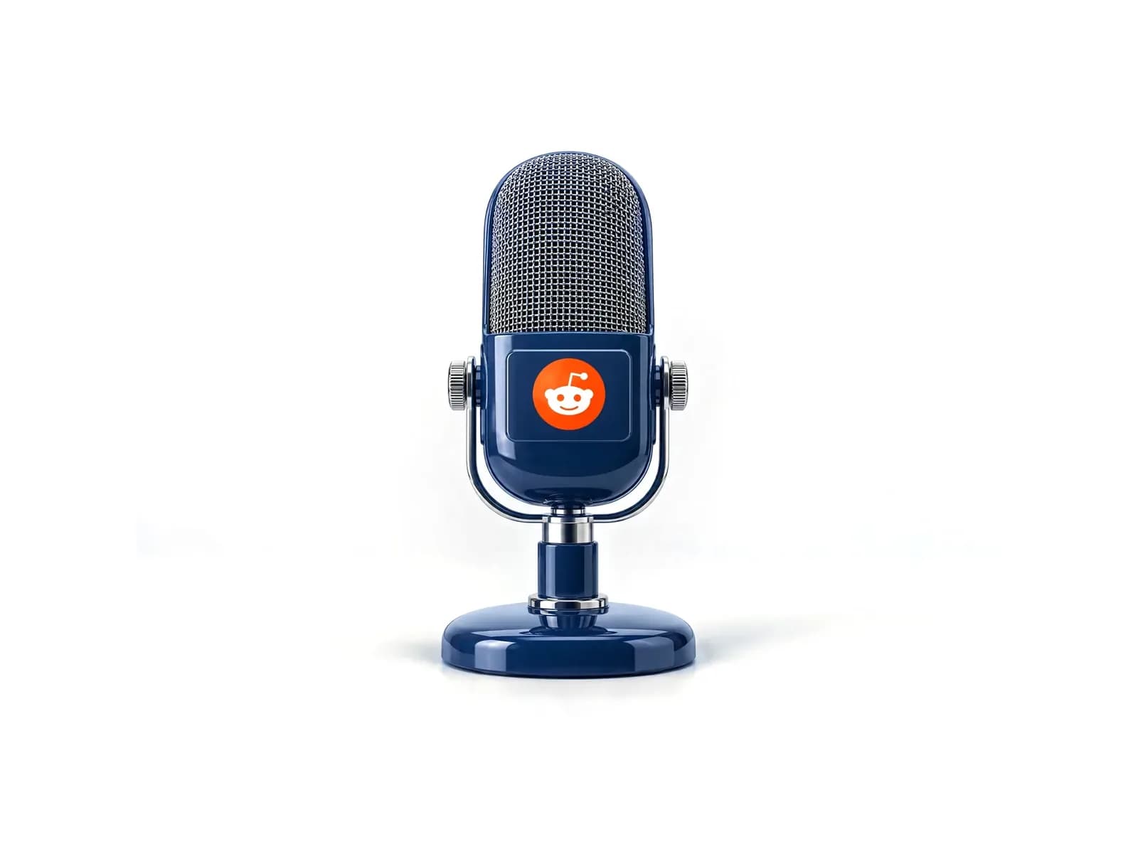 A studio microphone badged with the Reddit logo, representing Reddit as a source AI listens to